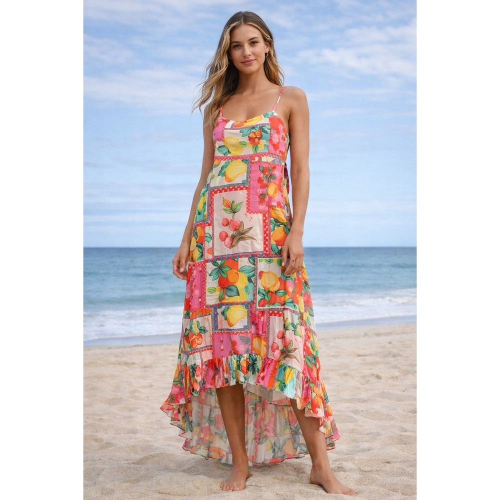 Paper Heart Women's M Fruit Patchwork Tie Back High Low Midi Maxi Dress Rayon